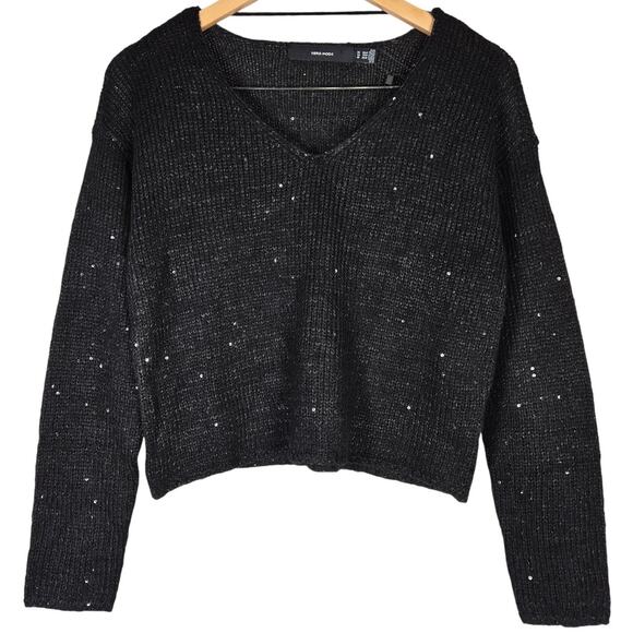 Vero Moda Leilani Long Sleeve V-Neck Pullover Sequin Sweater Black XS NWT - Picture 1 of 7